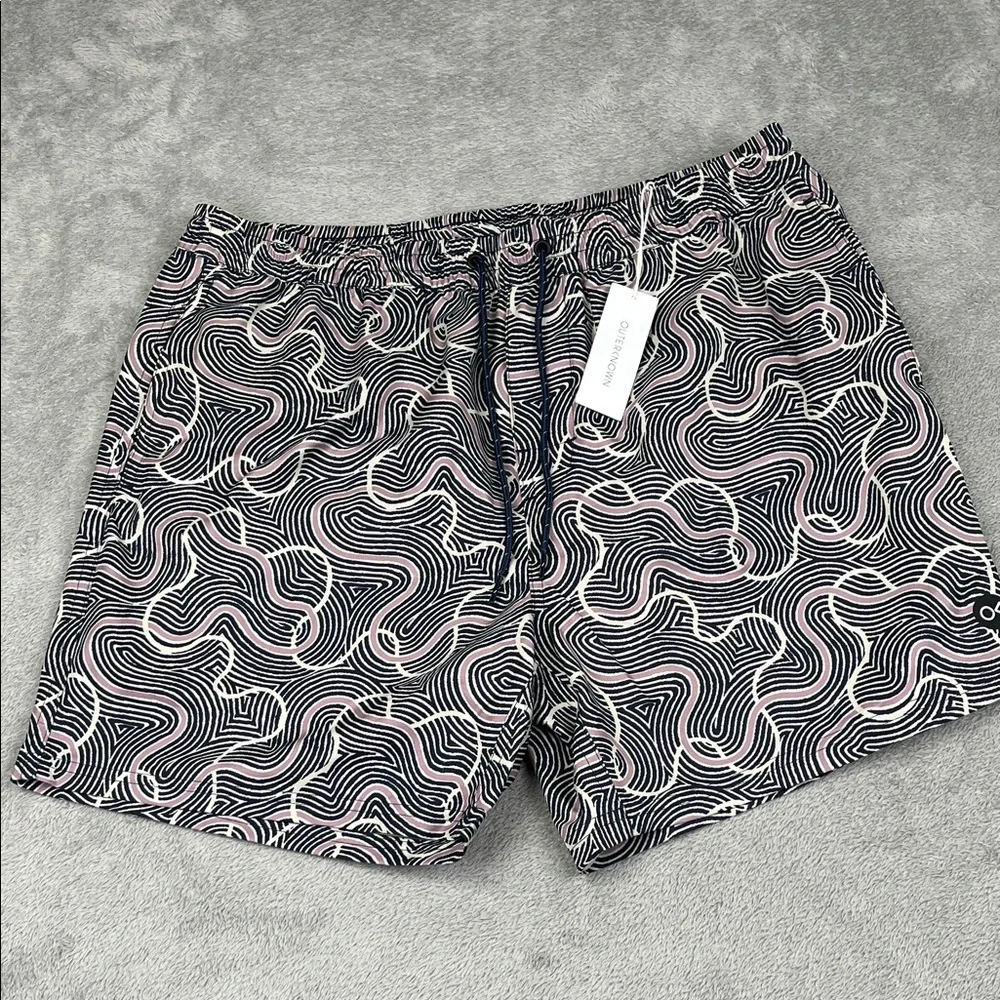 NEW Outerknown M Men's Black, White, Purple Swirl‎ Patterned Swim Trunks
